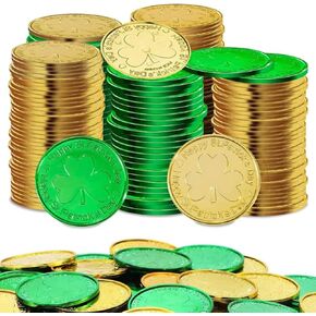 100 Pieces Gold & Green St. Patrick's Day Shamrock Coins, Plastic Lucky Clover Coins for Party Decorations, Saint Patty's Day 3-Leaf Luck Coins