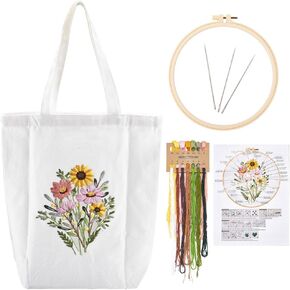GORGECRAFT Pattern Canvas Tote Bag Embroidery kit Instructions Bags Bamboo Hoops Tools Arts Supplies Needlepoint Needle Thread Handy Sewing Set Starter Kits for DIY Crafting Beginners Women Adults