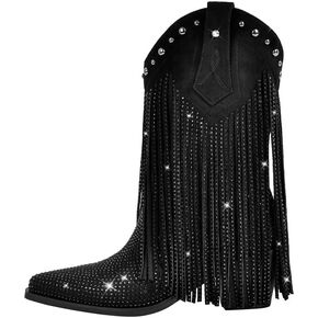sexytag Women's Sparkly Fringe Cowgirl Cowboy Boots for Women Wide Calf Tassal Western Mid-calf Boots