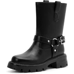 Women's Chunky Heel Round Toe Mid Calf Boots Buckle Strap Platform Biker Boots