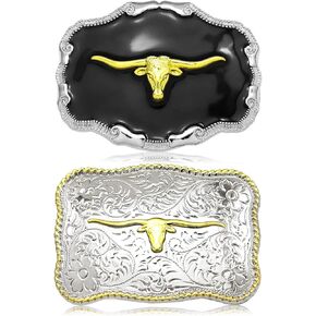 RechicGu 2 Pieces Long Horn Bull Belt Buckles Western Cowboy Cowgril Texas Rodeo Large Belt Buckle for Men Women