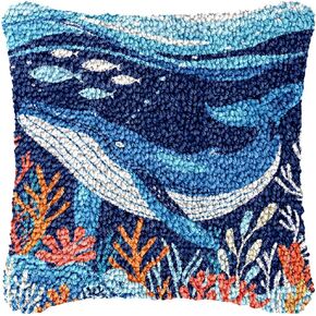 Generic Sea Whale Coral Scene Latch Hook Pillow Kit for Adults with Printed Canvas DIY Crochet Yarn Throw Pillow Cover Needle Craft Handmade Cushion for Home Sofa Decor 43x43cm, As Main Picture