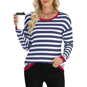 Womens Striped Long Sleeve Tops Casual Fall Crewneck T Shirts Color Block Tunic Sweaters in Saudi Arabia