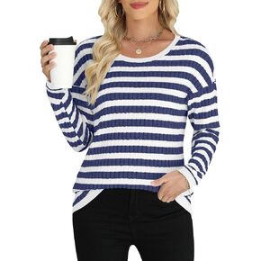 قمصان نسائية مخططة بأكمام طويلة، قمصان كاجوال للخريف بياقة دائرية، سترات تونيك ذات كتلة ألوان in Kuwait