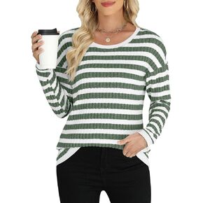 Womens Striped Long Sleeve Tops Casual Fall Crewneck T Shirts Color Block Tunic Sweaters