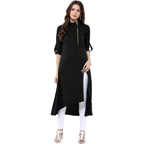 Janasya Indian Women's Black Slit Asymmetric Tunic Tops Kurta