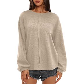 Darong Women Long Sleeve Crew Neck Waffle Knit Tunic Top Shirts Solid Color Loose Casual T Shirts