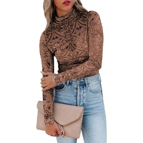 miduo Womens Slim Fit Velvet Burnout Mesh Top Turtleneck Long Sleeve Semi-Sheer Shirt Blouses Tops