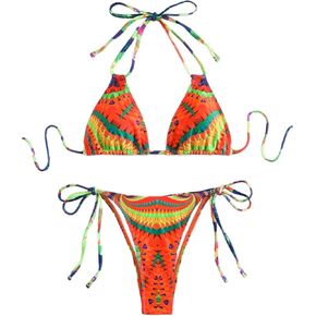 SweatyRocks Women's 2 Piece Bikini Set Tropical Print Halter Triangle Bathing Suit Knot Side Swimsuit