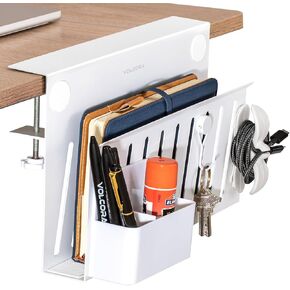 Volcora Desk Side Storage, Under Desk Laptop Holder, No Drill Desk Organizer with Magnetic Pen Box, Cable Clamp, Hanging Desk Organizer, Laptop Desk Mount File Holder for Office and Home, 1 Tier White