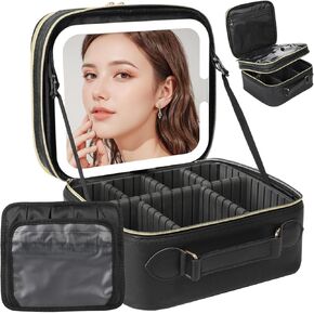 Travel Makeup Bag with LED Mirror Double Layer, Detachable Vanity Mirror with Lights, Tri-light Dimmable, Makeup Case with Adjustable Dividers and Brush Holder Cosmetic Organizer Storage Box for Women