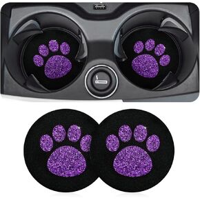 AUCELI 2 Pack Car Cup Holder Coasters, 2.75In Bling Glitter Rhinestone Paw Print Cup Coaster, Rubber Non-Slip Insert Auto Drink Mat, Universal Car Interior Accessories for SUV, Truck, RV (Purple)