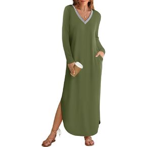 MEROKEETY Women's 2024 Fall Long Sleeve Maxi Dress V Neck Trendy Split Loose Casual Pockets Dresses