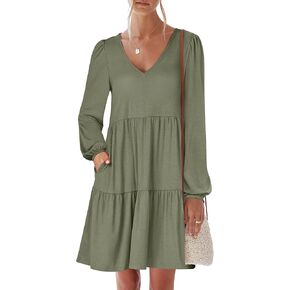 ANRABESS Women's Casual Long Sleeve V Neck Tiered Swing Flowy Loose A-line Cute Mini Short Fall Dress 2024