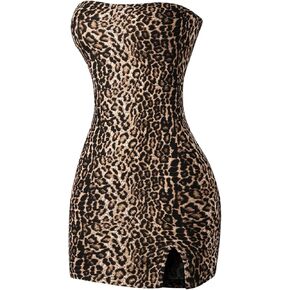 Floerns Women's Leopard Print Sleeveless Tube Top Club Dress Split Bodycon Mini Dress