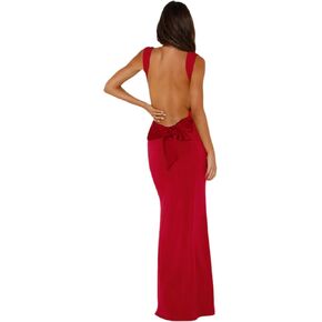 RARITYUS Women’s Elegant Satin Bow Maxi Dress Sexy Cowl Neck Backless Wedding Guest Dress Cocktail Party Evening Gown