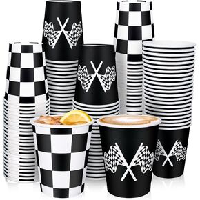Whaline 50Pcs Checkered Racing Paper Cups 9 oz White Black Checkered Flag Disposable Cups Decorative Party Cups for Racecar Themed Birthday Party