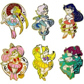 Sailor Moon Lapel Pins, Anime Brooches and Pins, Set of 4, Features Sailor Moon, Mercury, Mars, Jupiter, Venus and Chibi Moon, Girly Fashion Accessories