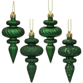 Vickerman 4" 4-Finish Finial Ornament, Shatterproof Plastic Christmas Tree Decoration, 8 Pack, Emerald Shiny, Matte, Glitter and Sequin Finishes
