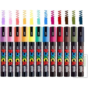 Posca Paint Marker PASTEL & DARK Color Set, Mitsubishi Uni Poster Color Marking Pen Medium Point (PC-5M) 12 Color + Loconeko Original Manual Set