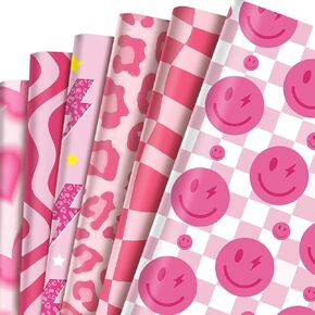 Bolsome 12 Sheets Preppy Themed Wrapping Paper, Pink Smiley Lightning Leopard Butterfly Pattern Gift Wrap Paper for Early 2000s y2k Bachelorette Wedding Party DIY Craft