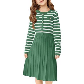 Haloumoning Girls Sweater Dress Knit Long Sleeve Striped A Line Pleated Fall Winter Dresses 5-14 Years in Kuwait