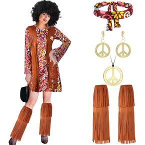 Shihanee 70s 60s Hippie Costume Set 70s Outfits Accessories for Carnival Party Halloween Women Disco Dress