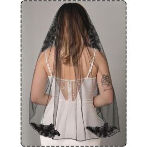 HEREAD Lace Bride Wedding Veil Black Short Fingertip Length Bridal Tulle Veils Hair Accessories for Women and Girls