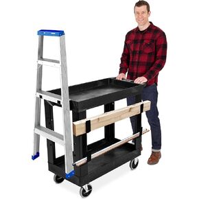Stand Steady Tubstr 2 Shelf Utility Cart | Heavy Duty Service Cart Holds 400 lbs. | Adjustable Storage Hooks, Ladder & Spool Holders | Tub Cart for Warehouse, Garage, School & Office (32 x 18in/Black)