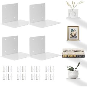 Floating Book Shelves for Wall, 6 Pack Invisible Wall Bookshelf, Small Wall Mounted Shelf for Room Decor, Heavy-Duty Metal Hanging Shelves Hidden Book Organizers Holder for Bedroom, Living room, White