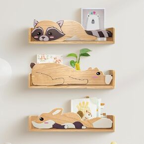 Floating Shelves Wall Storage, Organizing Books Decor and Toys, Wild Animal Shaped Raccoon Fox and Bear Made from Wood Varying Set of 3