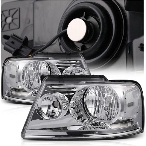 M-AUTO Headlights Headlamps Assembly w/ 2 Pre-assembled 6000K LED Bulbs Compatible with 2004-2008 Ford F-150, 06-08 Mark LT, Chrome Housing Clear Corner L+R Pair Head Light Lamps in Saudi Arabia