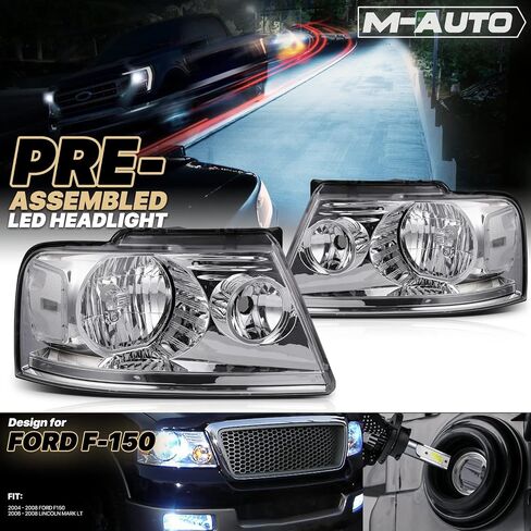 M-AUTO Headlights Headlamps Assembly w/ 2 Pre-assembled 6000K LED Bulbs Compatible with 2004-2008 Ford F-150, 06-08 Mark LT, Chrome Housing Clear Corner L+R Pair Head Light Lamps in Saudi Arabia