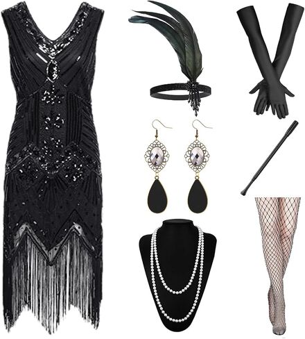 Women's 1920S Sequin Fringed Gatsby Flapper Dress with Roaring 20s Accessories in Saudi Arabia