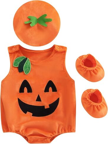 Toddler Baby Girl Boy Halloween Outfits Sleeveless Pumpkin Romper Bodysuit Halloween Costumes Pumpkin Face Clothes in Kuwait