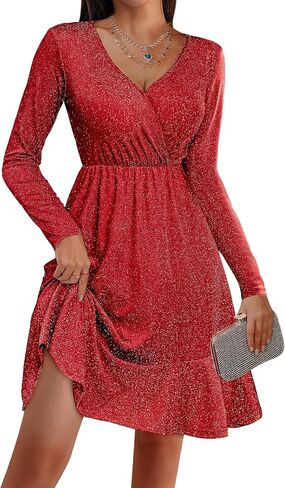 Zeagoo Long Sleeve Womens Glitter Dress Wrap V Neck Swing Club Cocktail Party Dresses Sequin Sparkle Dress Fall Dress 2024 in Kuwait