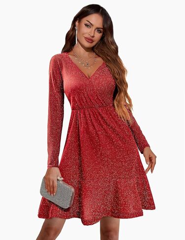 Zeagoo Long Sleeve Womens Glitter Dress Wrap V Neck Swing Club Cocktail Party Dresses Sequin Sparkle Dress Fall Dress 2024 in Kuwait