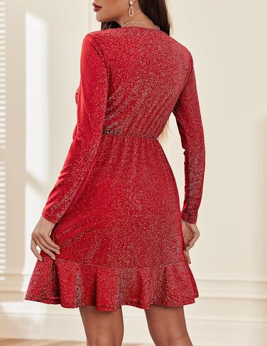 Zeagoo Long Sleeve Womens Glitter Dress Wrap V Neck Swing Club Cocktail Party Dresses Sequin Sparkle Dress Fall Dress 2024 in Kuwait