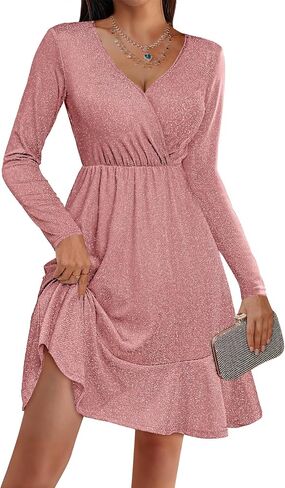 Zeagoo Long Sleeve Womens Glitter Dress Wrap V Neck Swing Club Cocktail Party Dresses Sequin Sparkle Dress Fall Dress 2024 in Kuwait