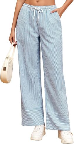 ZAFUL Womens Trendy Striped Pants Lightweight High Waisted Wide Leg Pants Casual Drawstring Pockets Trousers in Kuwait