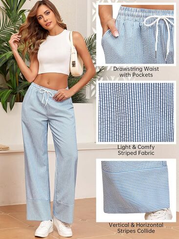 ZAFUL Womens Trendy Striped Pants Lightweight High Waisted Wide Leg Pants Casual Drawstring Pockets Trousers in Kuwait