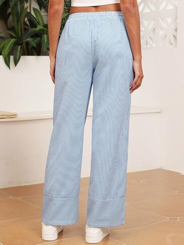 ZAFUL Womens Trendy Striped Pants Lightweight High Waisted Wide Leg Pants Casual Drawstring Pockets Trousers in Kuwait