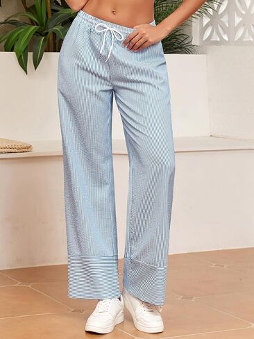 ZAFUL Womens Trendy Striped Pants Lightweight High Waisted Wide Leg Pants Casual Drawstring Pockets Trousers in Kuwait