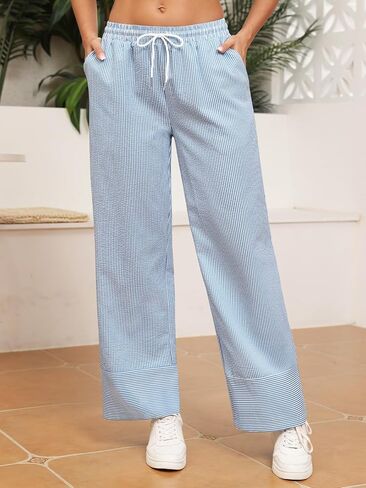 ZAFUL Womens Trendy Striped Pants Lightweight High Waisted Wide Leg Pants Casual Drawstring Pockets Trousers in Kuwait