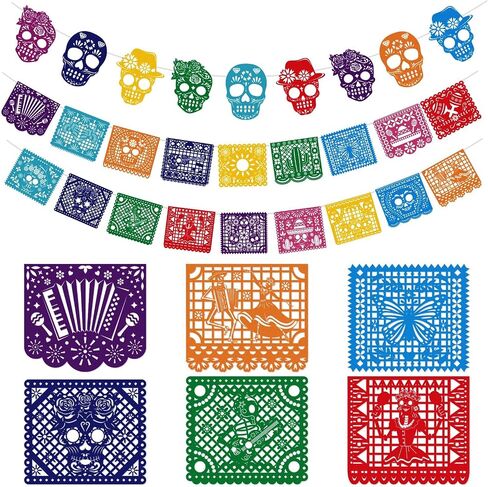 HOWAF 27pcs Day of The Dead Papel Picado Banner, Felt Dia De Los Muertos Sugar Skull Hanging Garland for Mexican Themed Party Decoration Supplies, Colorful Cinco De Mayo Flag Banner in Saudi Arabia