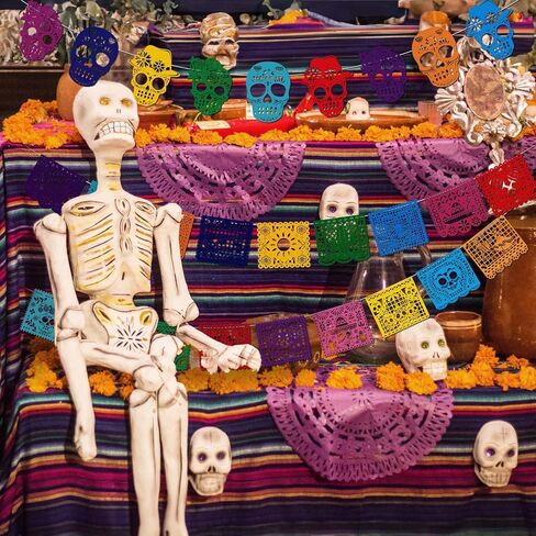HOWAF 27pcs Day of The Dead Papel Picado Banner, Felt Dia De Los Muertos Sugar Skull Hanging Garland for Mexican Themed Party Decoration Supplies, Colorful Cinco De Mayo Flag Banner in Saudi Arabia