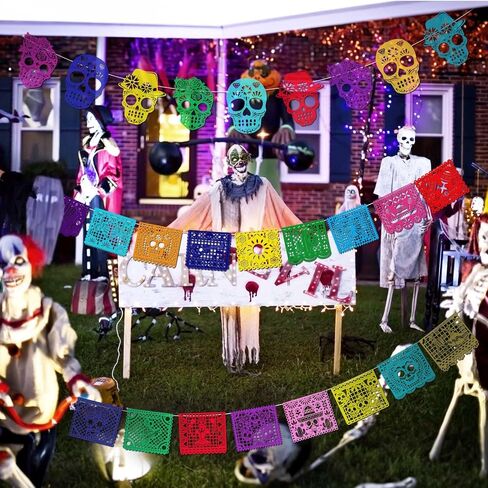 HOWAF 27pcs Day of The Dead Papel Picado Banner, Felt Dia De Los Muertos Sugar Skull Hanging Garland for Mexican Themed Party Decoration Supplies, Colorful Cinco De Mayo Flag Banner in Saudi Arabia