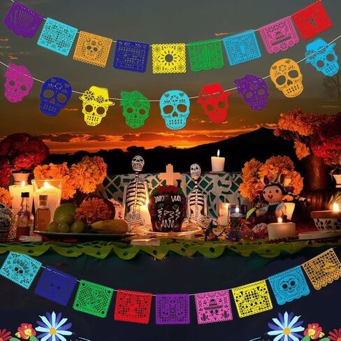 HOWAF 27pcs Day of The Dead Papel Picado Banner, Felt Dia De Los Muertos Sugar Skull Hanging Garland for Mexican Themed Party Decoration Supplies, Colorful Cinco De Mayo Flag Banner in Saudi Arabia