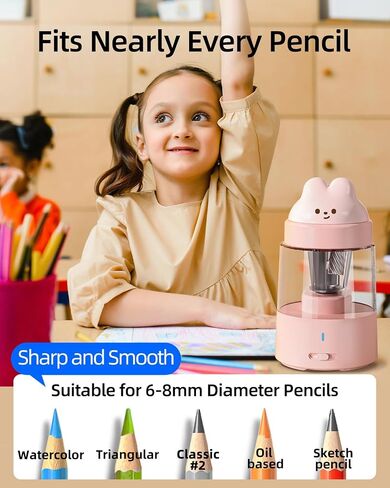Zmol Electric Pencil Sharpener, Pink Bunny Pencil Sharpener for No.2/Colored Pencils (6-8mm), Auto Stop, Rechargeable Portable Pencil shapener for Classroom, Office, Home, Battery Operated in Kuwait