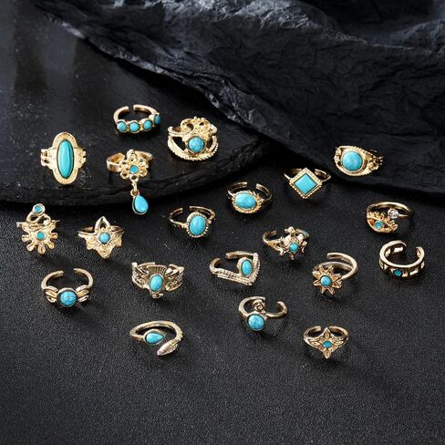 GIGB PBDK 20Pcs Stackable Knuckle Ring Set for Women,14K Gold Crown Eagle Evil Eye Oval Turquoise Midi Rings Party Boho Finger Open Rings Gifts in Saudi Arabia